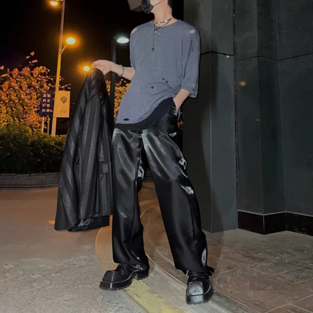 Hearujoy Y2k Street Glossy Satin Trousers Men's Spring and Summer Loose Casual Pants Tide Brand Fashion Solid High Waist Wide Leg Pants