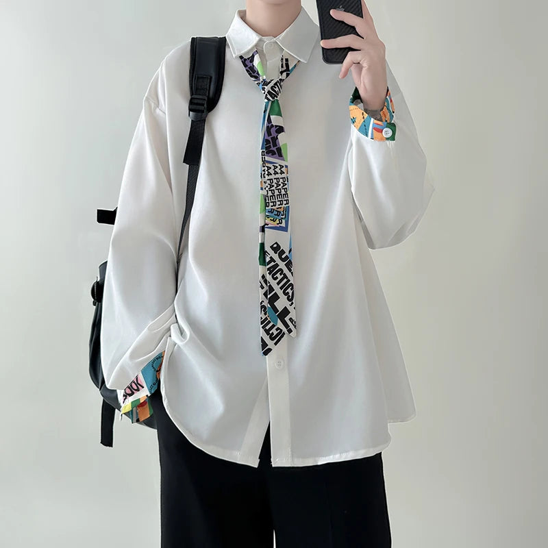 HEARUJOY  -  Tie Long Sleeved Shirt Men Oversized Society Mens Black Dress Shirt Korean Loose Casual Shirt Mens Ice Silk White Shirts M-2XL