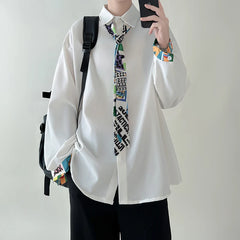 HEARUJOY  -  Tie Long Sleeved Shirt Men Oversized Society Mens Black Dress Shirt Korean Loose Casual Shirt Mens Ice Silk White Shirts M-2XL