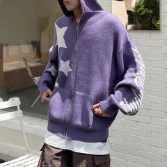 Hearujoy Star Zipper Cardigan Men Hooded Knitted Sweater Y2K Streetwear Spring Fall American Loose Casual All-match Hooded Sweater Jacket