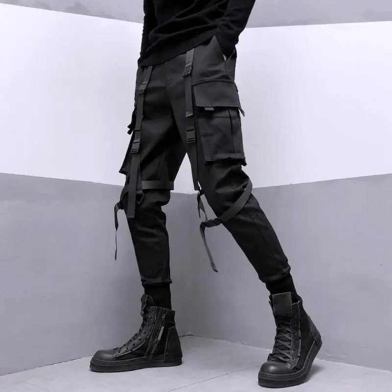 Hearujoy Techwear Black Cargo Pants for Men Cargo Trousers Male Japanese Streetwear Hip Hop Spring Ribbon Pocket Harajuku Fashion