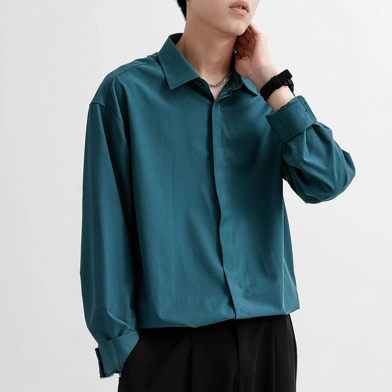 Hearujoy Korean New Men Clothing Drape Shirts for Men Solid Color Lapel Long Sleeve Ice Silk Business Casual Buttons Men Silk Shirt