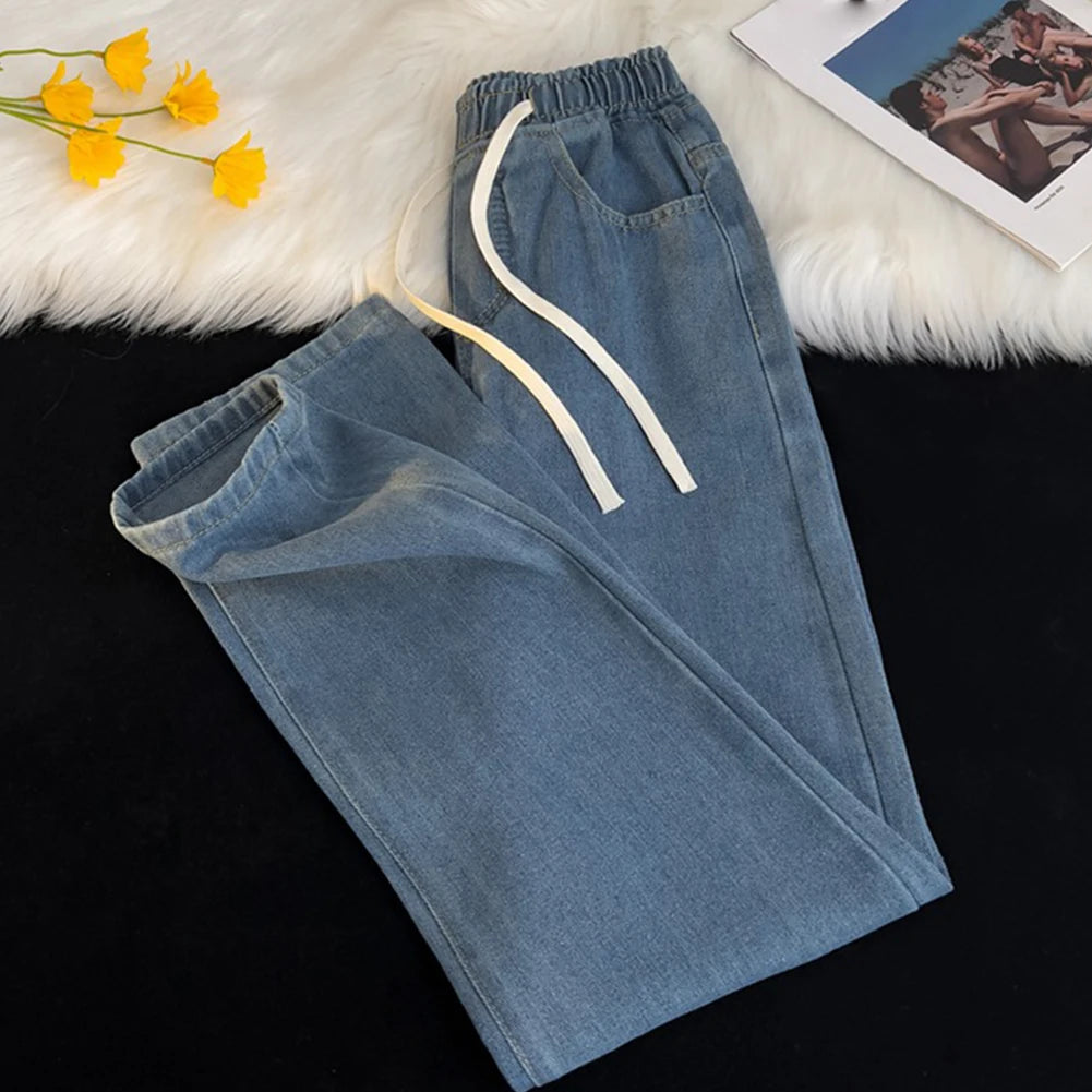 HEARUJOY  -  Men Vintage Korean Casual Pants High Street Hip Hop Straight Wide Leg Jeans Male Drawstring Streetwear
