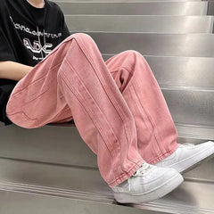 Hearujoy Street Vibe Style Jeans Men's Loose Straight Pants Trendy Brand American Baggy Wide-leg Pants Pink Jeans Spring and Autumn