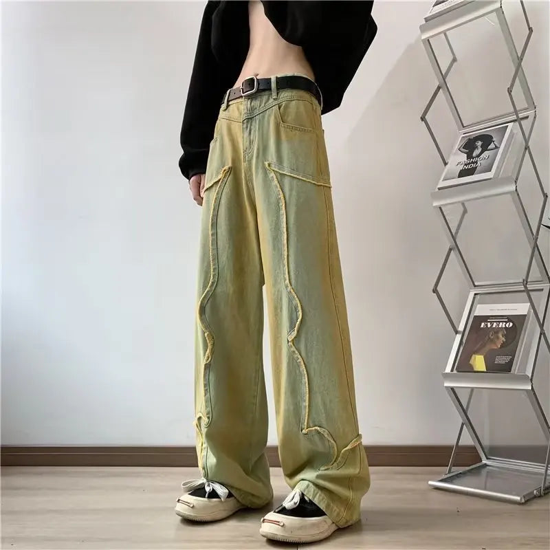 Hearujoy High Street Male Fashion Vintage Jeans American Style Gradient Straight Denim Pants New Men's Burrs Trousers