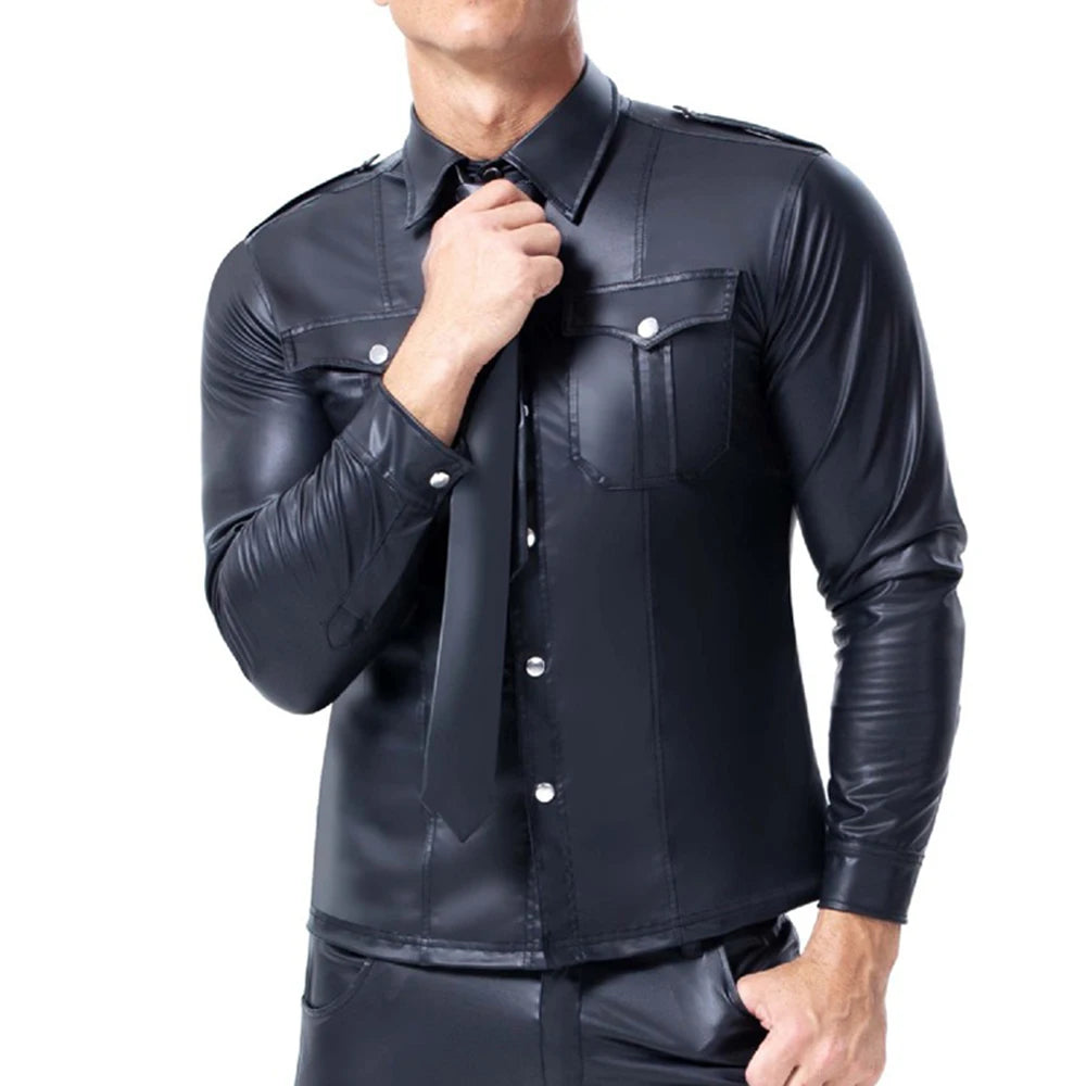 Hearujoy Fashion Black Faux Leather Men Oversize Fitness Shirts Long Sleeves Pocket PU Metal Fastener Tops Tees Sexy Slim Fit Sexy Shirt