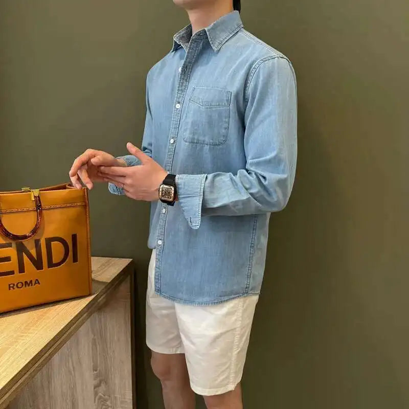 HEARUJOY  -  Lapel Collar Cotton Blend Denim Shirt Long Sleeve Shirt Retro Shirt British Versatile Casual Shirt Man Camisa Social Masculina