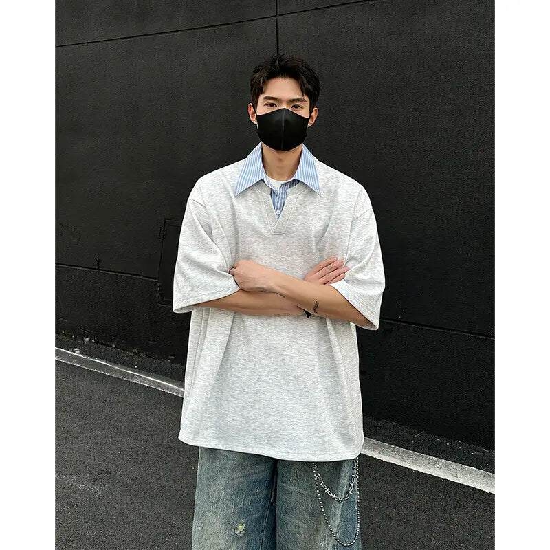 HEARUJOY  -  Summer Short Sleeved T-shirt Men Oversized Casual Lapel T Shirt Men Streetwear Korean Loose Pullover T Shirt Mens Clothing