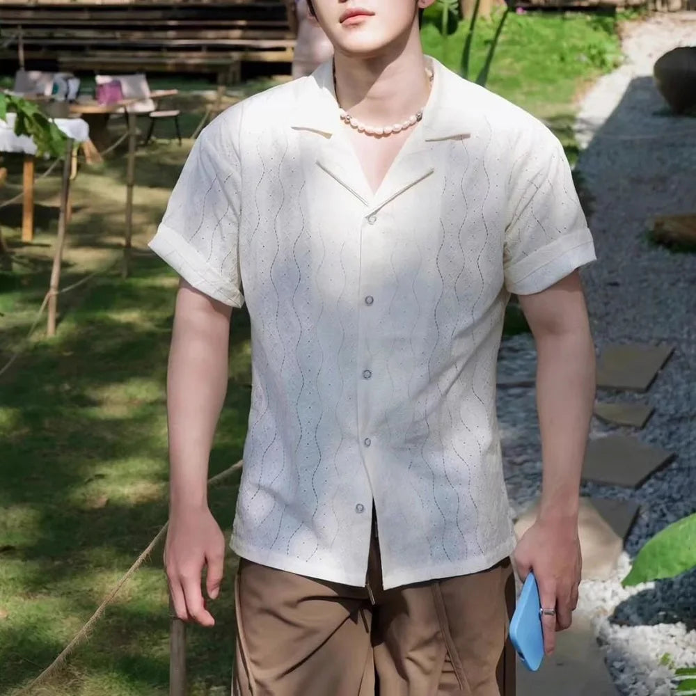 HEARUJOY  -  Mens Shirts Hollow Casual Shirts Streetwear Fashion Daily Retro Versatile Youth Campus Short-Sleeve Tops Men'S Clothing 2025 New