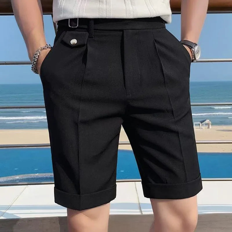 HEARUJOY  -  Fashion Summer Men British Style Naples Suit Shorts Smart Casual Paris Waist Buckle Button Knee Length Pants Shorts Streetwear