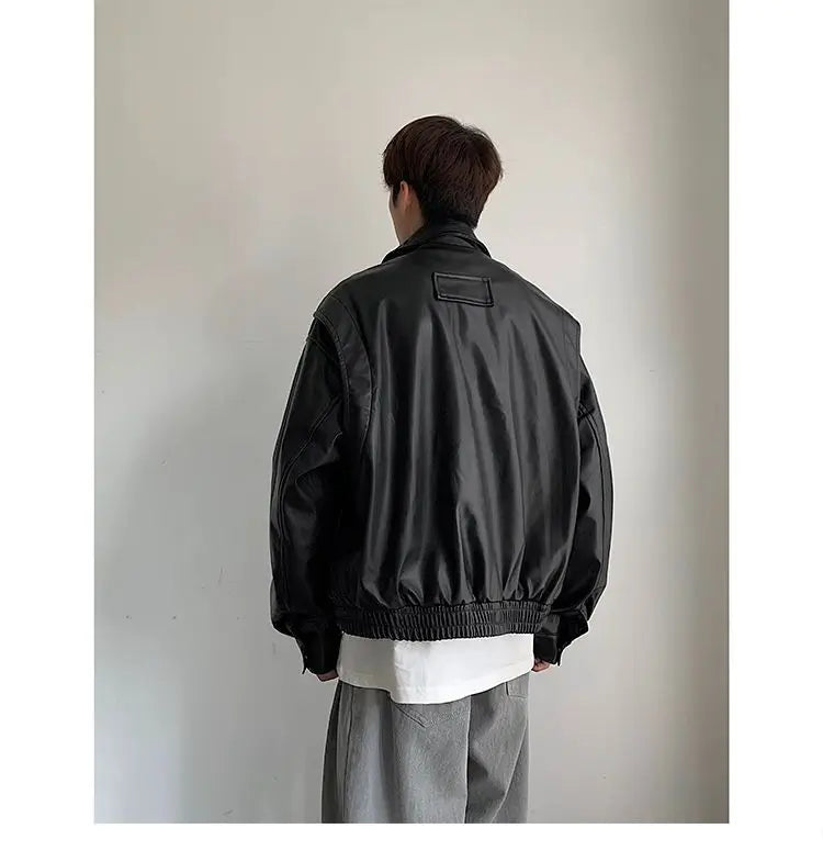 HEARUJOY  -  Men's Casual Texture PU Leather Jacket High Street Zippers Turn-down Collar Long Sleeve Retro Coat with Pocket Spring Autumn