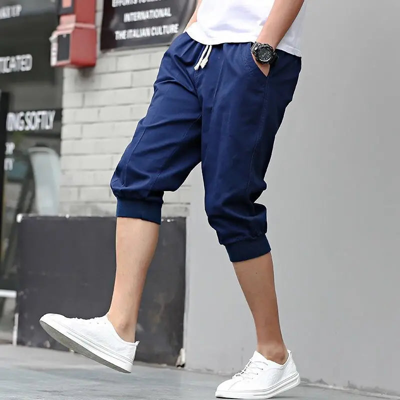 HEARUJOY  -  Summer New Sports Trend Versatile Casual Shorts Men's Solid Elastic Waist Drawstring Pockets Cotton Calf Length Cropped Pants