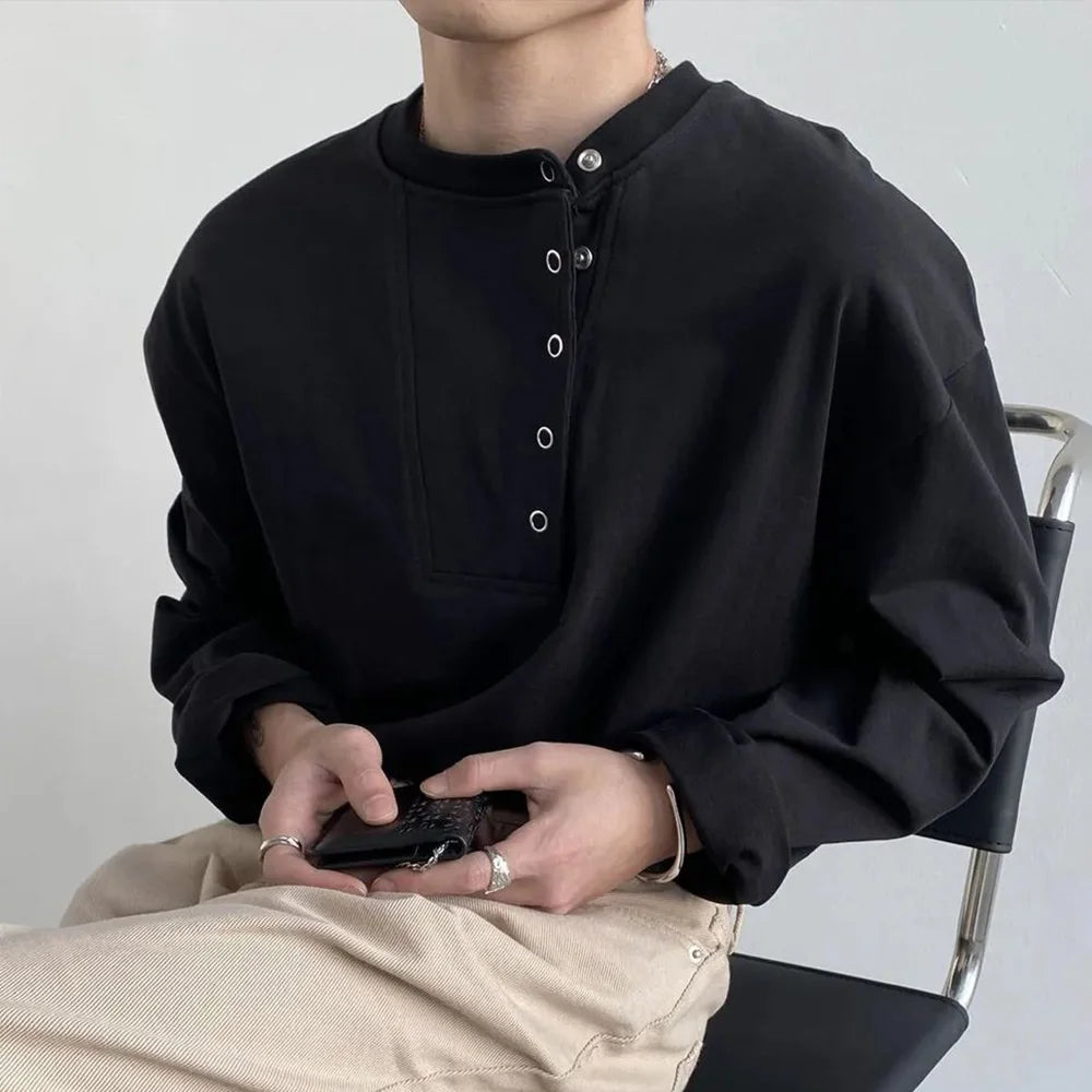 HEARUJOY  -  Mens T-Shirt Side Placket Casual T-Shirt Autumn Streetwear Personality Niche Versatile Long-Sleeved Top Men'S Clothing