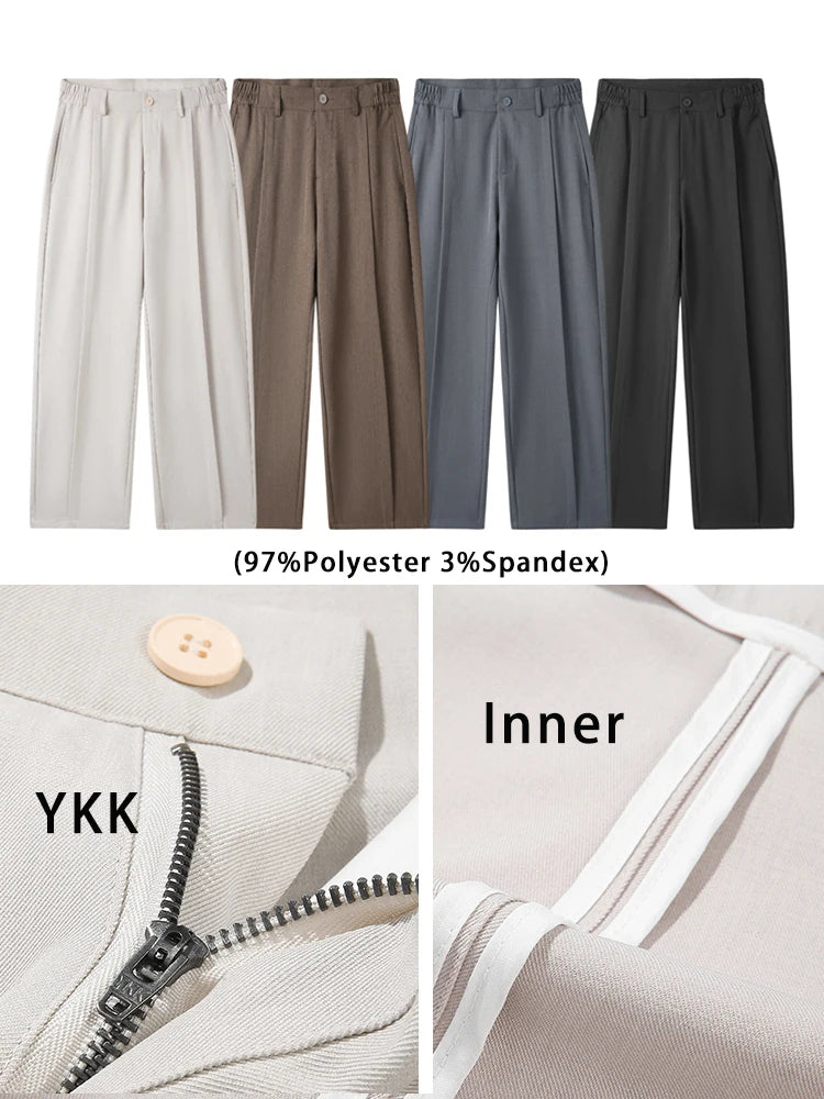 HEARUJOY  -  New Korean Men's Casual Pants Banded Waist Stretch Semi-Wide Pleated Suit Slacks Straight Loose Draped Trousers
