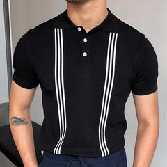 Hearujoy Men's Luxury Casual Striped Knitted Short Sleeve Polo Shirt Button-down Breathable Summer Clothing Fashion Solid Color Knitwear