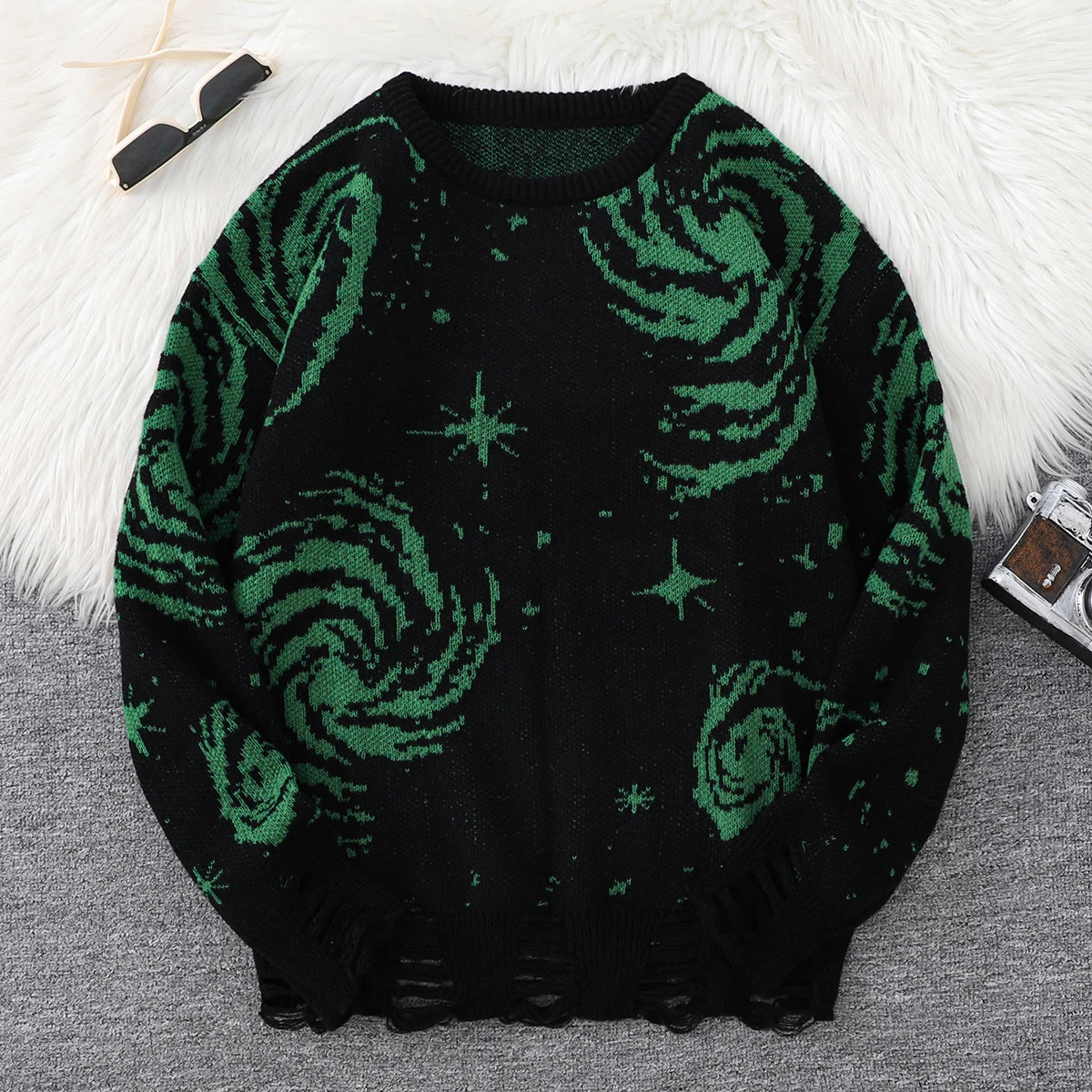 HEARUJOY  -  New Popular Street Ripped Abstract Starry Sky Pattern Pullover Ripped Sweater Casual Round Neck Knitted Men's Pullover