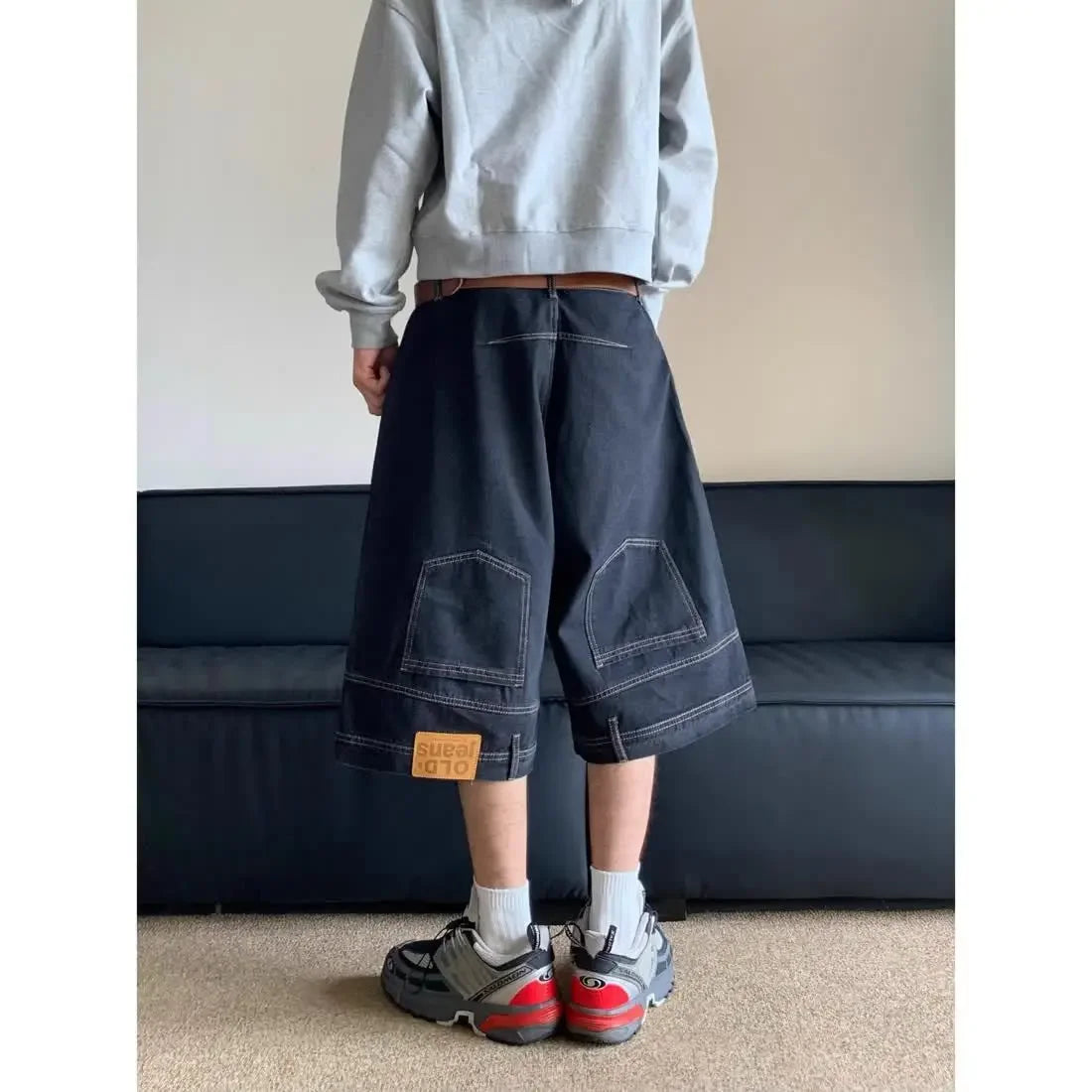 HEARUJOY  -  Hip Hop Retro Waist Inverted Design Men Denim Shorts Instagram Gothic Street Apparel Loose Straight Leg Pants Sports Pants
