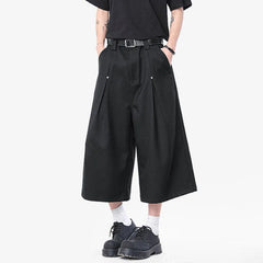 HEARUJOY  -  Korean Style Men Casual Shorts Solid Color Pleated Design Metal Design Cropped Trousers Cleanfit Male Bottom Simple