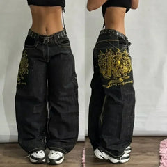 Hearujoy Y2K High Street Vintage Printed Pattern Jeans American Classic Wings Texture Jeans Couple Fashion Gothic Harajuku Wide Leg Pants
