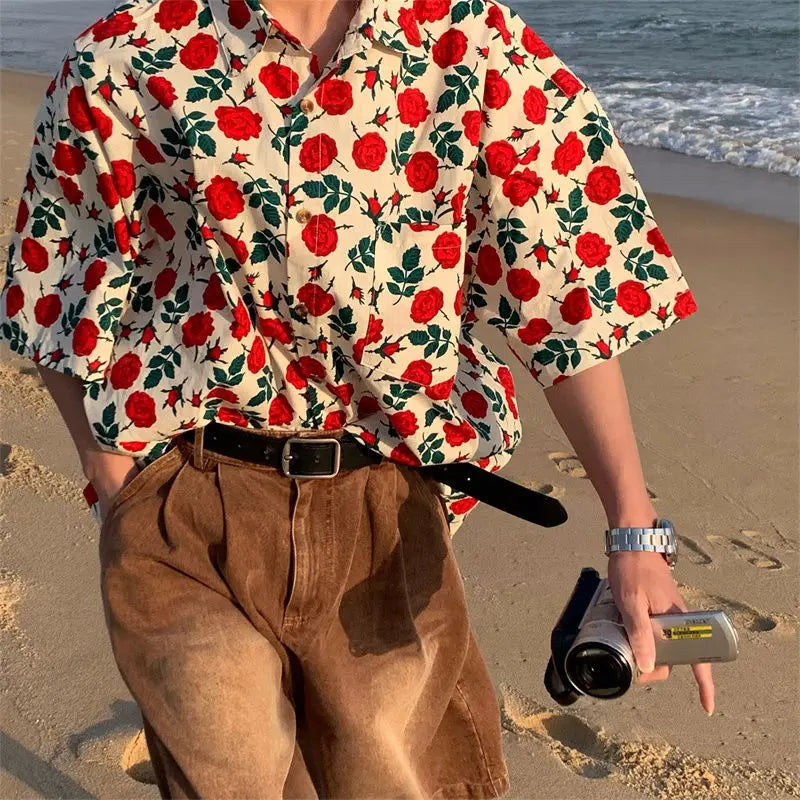 Hearujoy Summer Beach Hawaiian Rose Shirts Vintage Red Floral Button Up Shirt Men Women Loose Casual Tops Large 2XL Japan Kawaii Tee