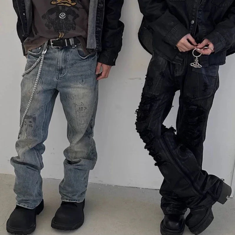 Hearujoy High Street Ripped Damaged Coatted Wax Baggy Flare Pants for Men Straight Hole Frayed Leather Trousers Distressed Loose Cargos