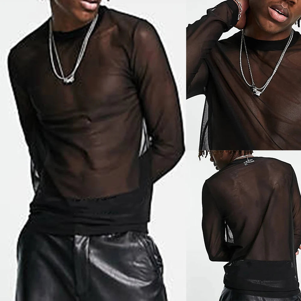 HEARUJOY  -  Vacation Pullover Mans Clothes M-3XL Muscle Sports Round Neck Tops Long Sleeve T-Shirts Mesh See-Through For Man