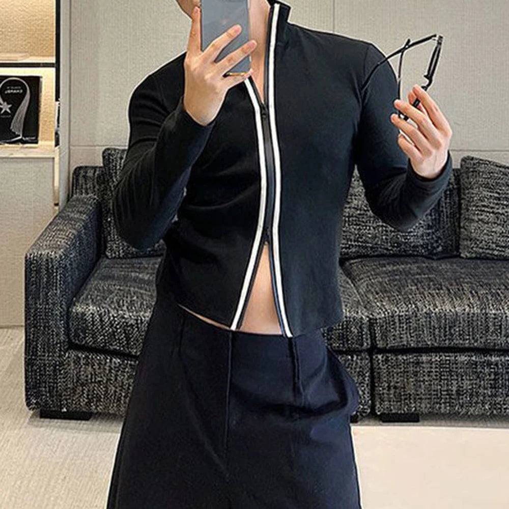 HEARUJOY  -  Men T-Shirt Slim Fit Contrast Color Two-Way Zipper T-Shirt Streetwear Personality Fashion Casual Long-Sleeve Tops Men'S Clothing