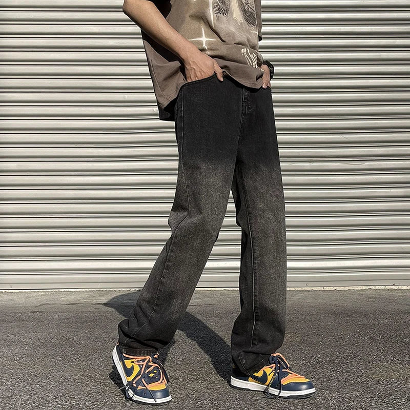 Hearujoy American Street Wash Gradient Jeans Men's Spring New Vibe Loose Straight Leg Wide Leg Pants Black Blue Grey Y2k Pants