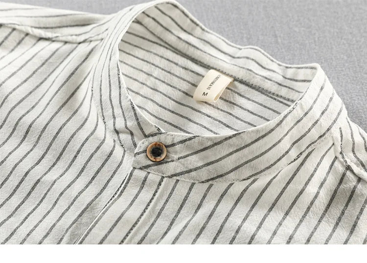 HEARUJOY  -  Men's Casual Cotton Shirt Short Sleeve Blouse Tops Summer Botton Pinstripe Holiday Shirt Comfortable Handsome Men Henley Shirt