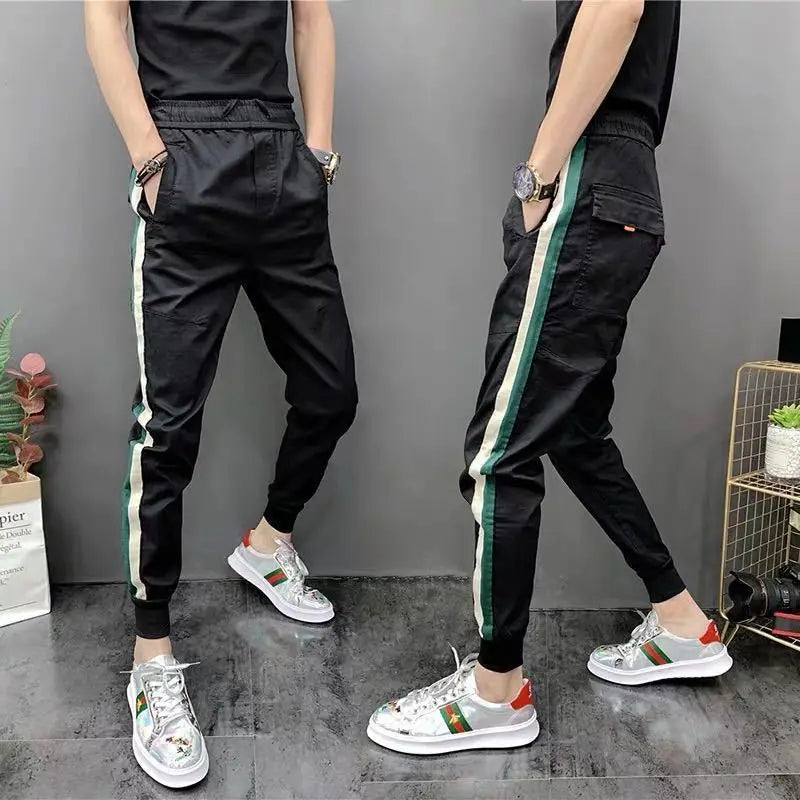 HEARUJOY  -  Stylish Men's Spring-Autumn Snap Closure Casual Pants with Trendy Matching, Slim Fit, and Color-Block Harem Style