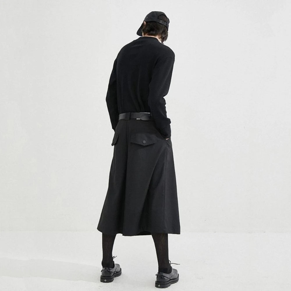 Hearujoy Mens Dark Style Casual Solid Color Culottes Genderless Fashion Youth Trend Street Loose Cropped Wide Leg Trousers Unisex