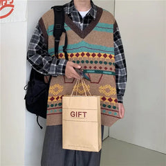 HEARUJOY  -  Sweater Man Casual Waistcoat V Neck Printed Knit Vests for Men Designer Cheap Korean Fashion Smooth Reviews Clothes Top Harajuku