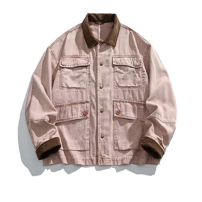 HEARUJOY  -  American Retro Heavyweight Washed Denim Jacket Multi-Pocket Workwear Coat with Contrast Collar Oversized Utility Streetwear