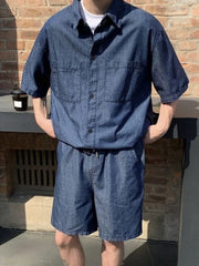 HEARUJOY  -  Japanese Man Sets Work Clothes Loose Cool Two-piece Set New in Matching Elastic Baggy Korean Stylish Shirts Shorts Suits for Men