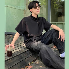 HEARUJOY  -  Men Korean Stand Collar Retro Casual Tee Tops Short Sleeve Street Wear Men's Loose T-Shirt Breathable