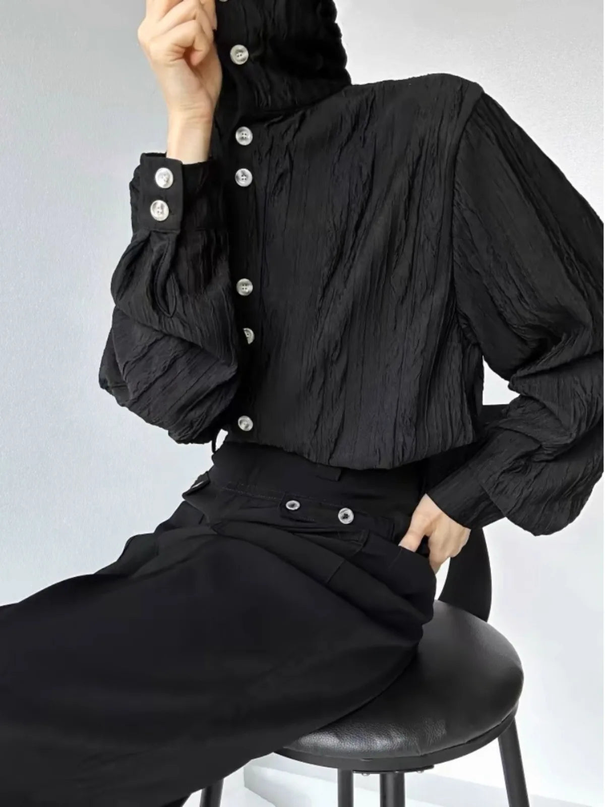 HEARUJOY  -  Wrinkle Texture Sensation Shirts For Men Stand Collar Long Sleeve Loose Top Spring Autumn Vintage French Fashion Casual Shirt