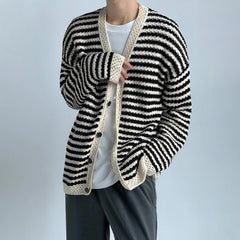 Hearujoy Mens Autumn Winter Y2k Black Apricot Striped Cardigan Knitted Sweater New Essential Comfortable Loose Casual Jacket For Men