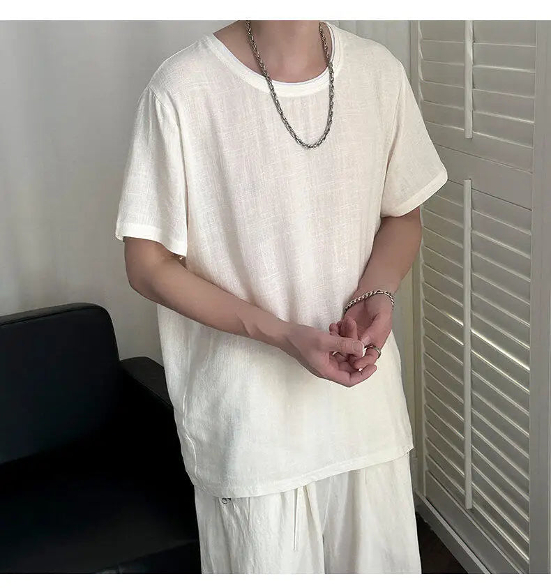 HEARUJOY  -  Korean Style Men's T-shirts Round Collar Short Sleeved Solid Color Mensweae New Summer Pullover Loose Male Tees