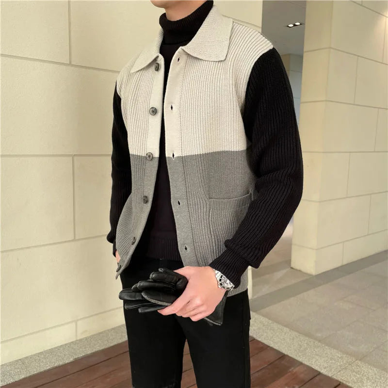 HEARUJOY  -  Patchwork Knitted Cardigan Sweater Autumn Winter Men's Matching Color Casual Loose Knitwear Fashion Sweaters Warm Coat Versatile