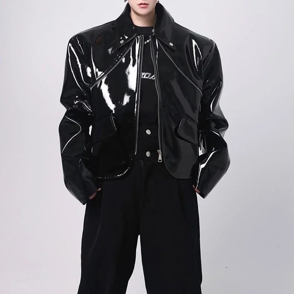 Hearujoy Mens Jacket Shiny Leather Jacket Handsome Performance Stage Outfit Autumn Elegant British Excellent Patent Leather Jacket