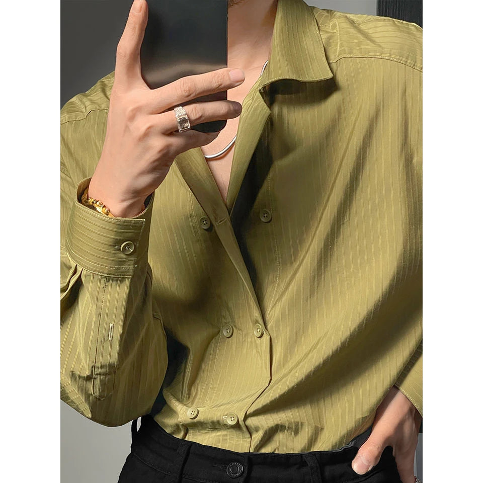 Hearujoy High-end Simple Striped Double Breasted Shirt for Men Autumn New Korean Style Trendy Solid Color Long Sleeves Men's Social Shirt