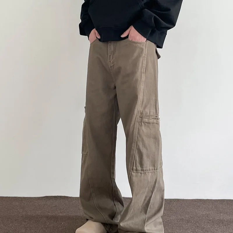 HEARUJOY  -  Vintage Cargo Pants For Men Cleanfit Style Straight Trousers High Street Retro Maillard Brown Multiple Pockets Casual Pants