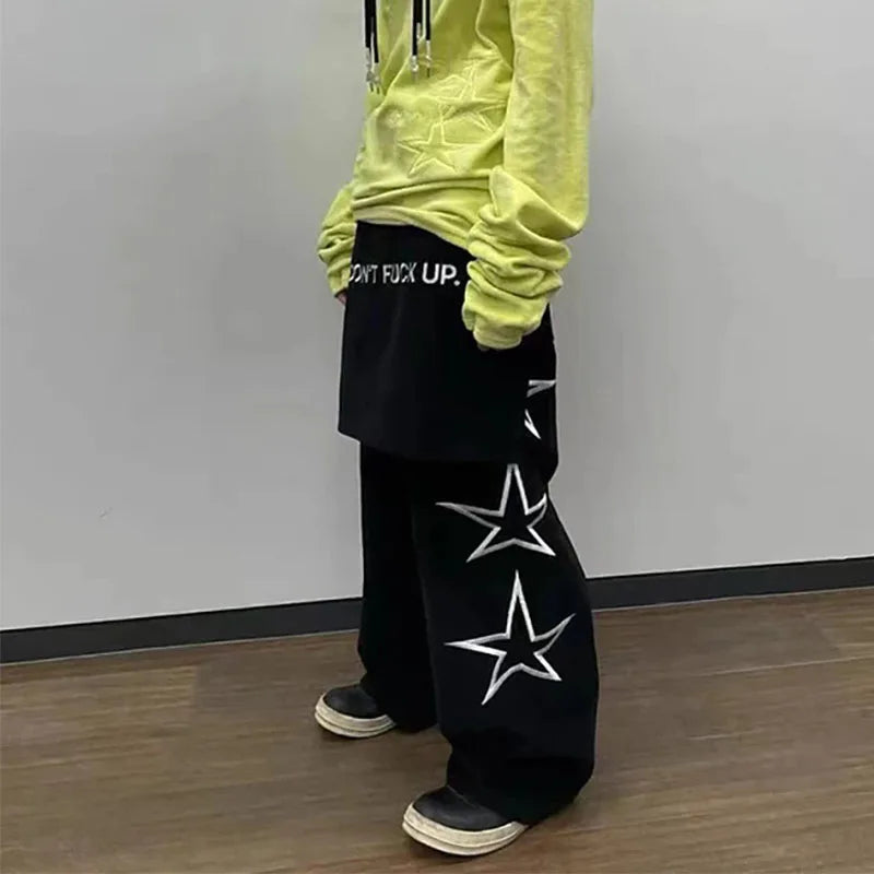 Hearujoy Vintage wide-legged pants five-pointed star American heavyweight sweatpants loose Y2k hip-hop men's casual pants