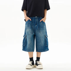 HEARUJOY  -  Summer Thin Washed Loose Multi-pocket Denim Cropped Pants For Men High Street Straight Distressed Street Wide-leg Jeans Shorts