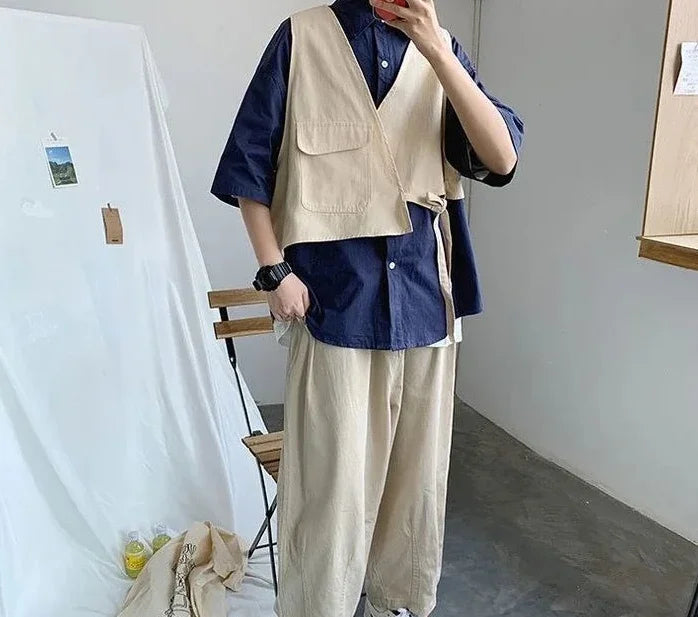 HEARUJOY  -  Man Shirt Half Sleeve with Pocket Shirts for Men Blue Casual Korean Style Vintage Silk Fashion 2025 Cotton Slim Fit Elegant Sale