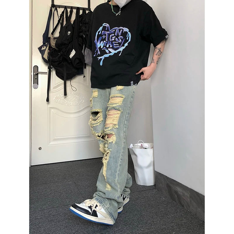 Hearujoy American Y2k Street Hip-hop Heavy Industry Ripped Men's Jeans Spring  Straight Loose Vibe Style Street Dance Trendy Pants