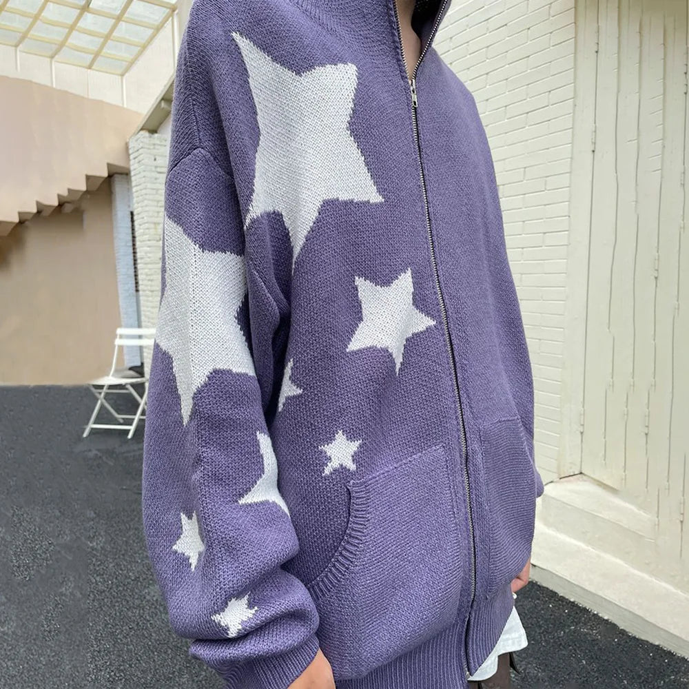 Hearujoy Star Zipper Cardigan Men Hooded Knitted Sweater Y2K Streetwear Spring Fall American Loose Casual All-match Hooded Sweater Jacket