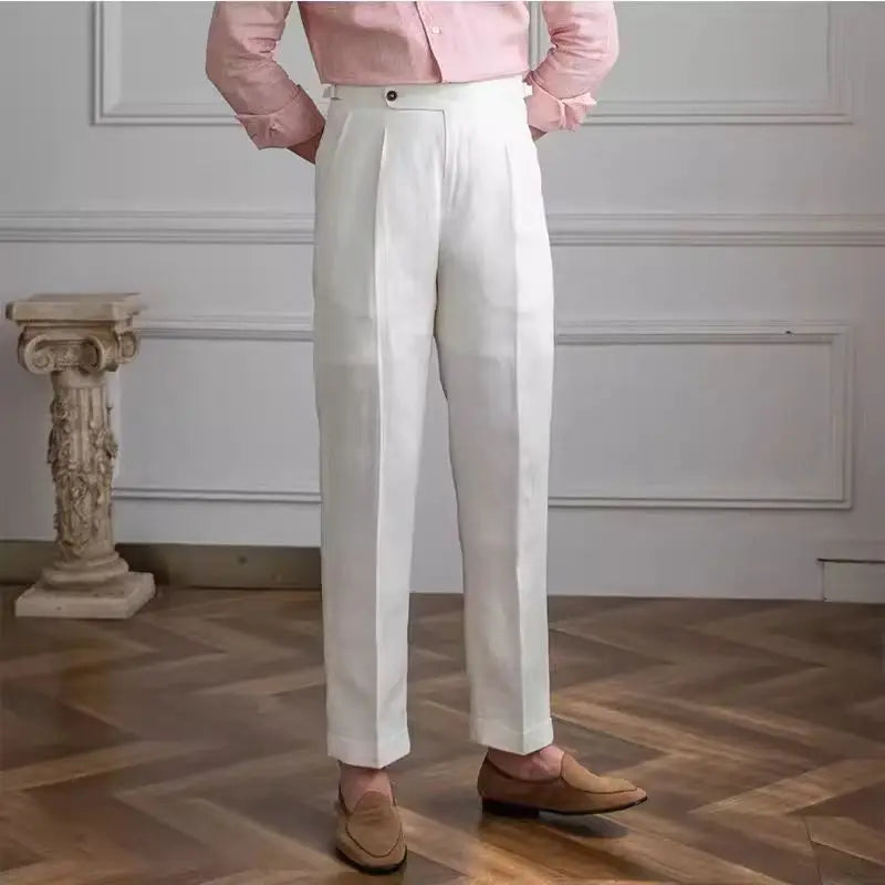 HEARUJOY  -  100% Linen Italian Naples Pants Men High Waist Straight  Suit Trousers Spring Summer Fashion Lightweight Breathable Casual Pants