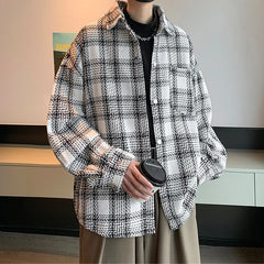 Hearujoy Men's Light Luxury Harajuku Texture Plaid Shirt Jacket Leisure Fashion Long Sleeve Korean Popular Button-down Premium Coat