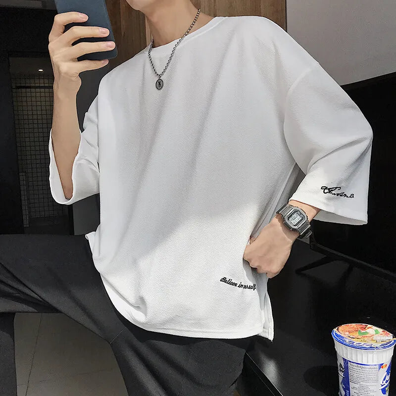 HEARUJOY  -  Summer Short Sleeved T-shirt Men Oversized Black White Casual T Shirt Men Streetwear Hip-hop Loose Ice Silk T Shirt Mens Top